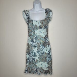 Vintage y2k blue brown paisley print  babydoll milkmaid flutter sleeve dress M